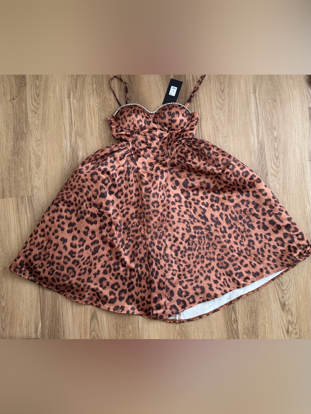Fashion Nova Leopard Print Satin Bustier Mini Dress with Rhinestone Trim